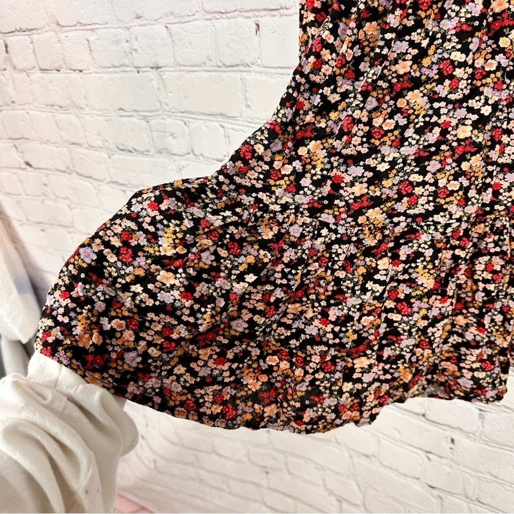 American Eagle ditsy Floral mini dress ruffles size medium black pink yellow - Picture 3 of 10
